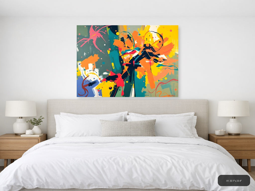 Vibrant Abstract Bird & Botanical Splash Wall Art — A1 / Bedroom