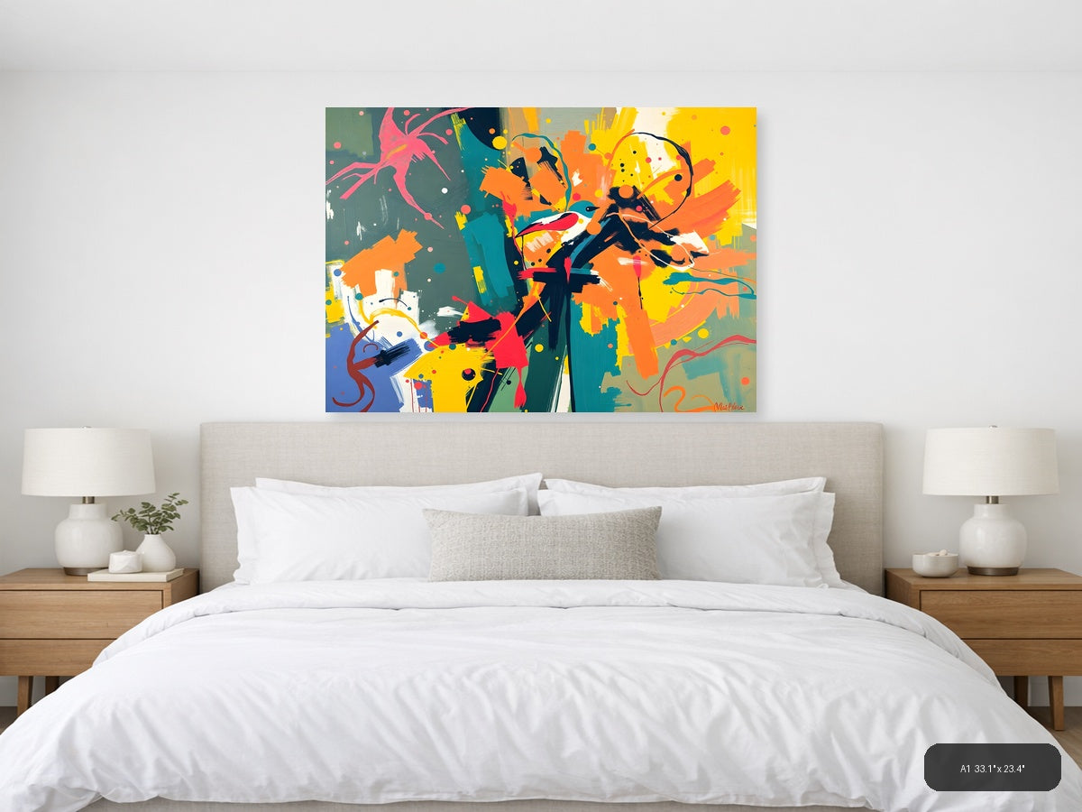 Vibrant Abstract Bird & Botanical Splash Wall Art — A1 / Bedroom
