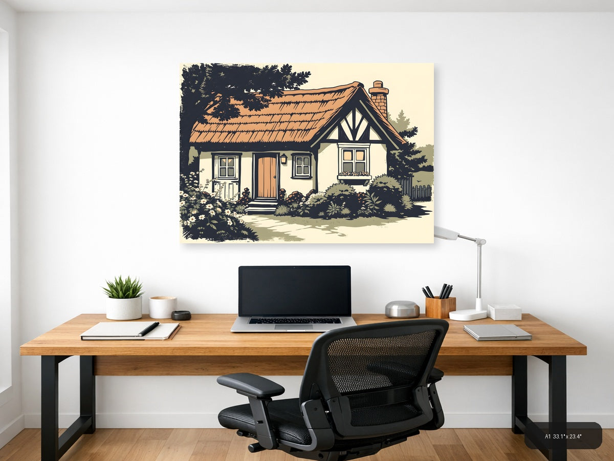 Vintage Cottage House with Garden - Landscape Wall Art — A1 / Office