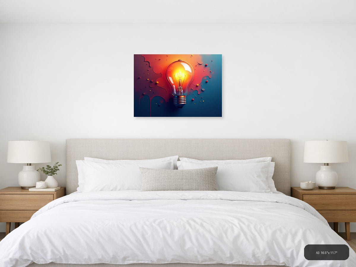 Glowing Lightbulb Abstract | Red Orange Blue Gradient Canvas Wall Art — A3 (Bedroom)