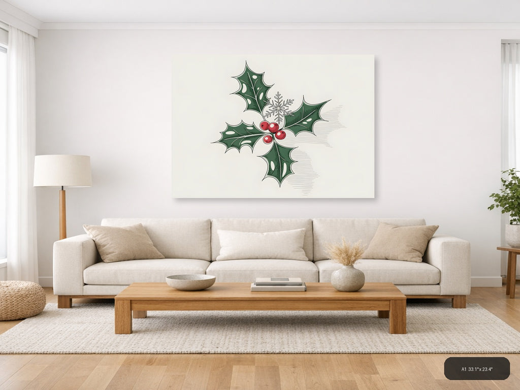 Holly & Snowflake Line Art Christmas Wall Art — A1 / Living Room