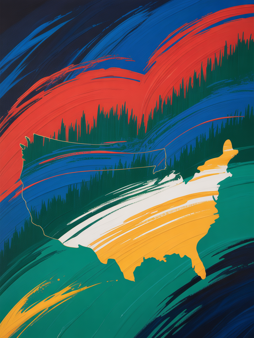 Abstract USA Map with Flowing Ribbons - Modern Wall Art