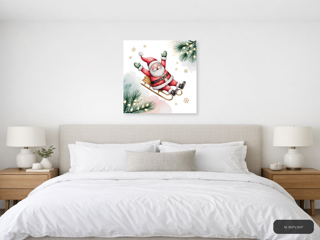 Jolly Santa on Sleigh Watercolor Wall Art — A2 / Bedroom