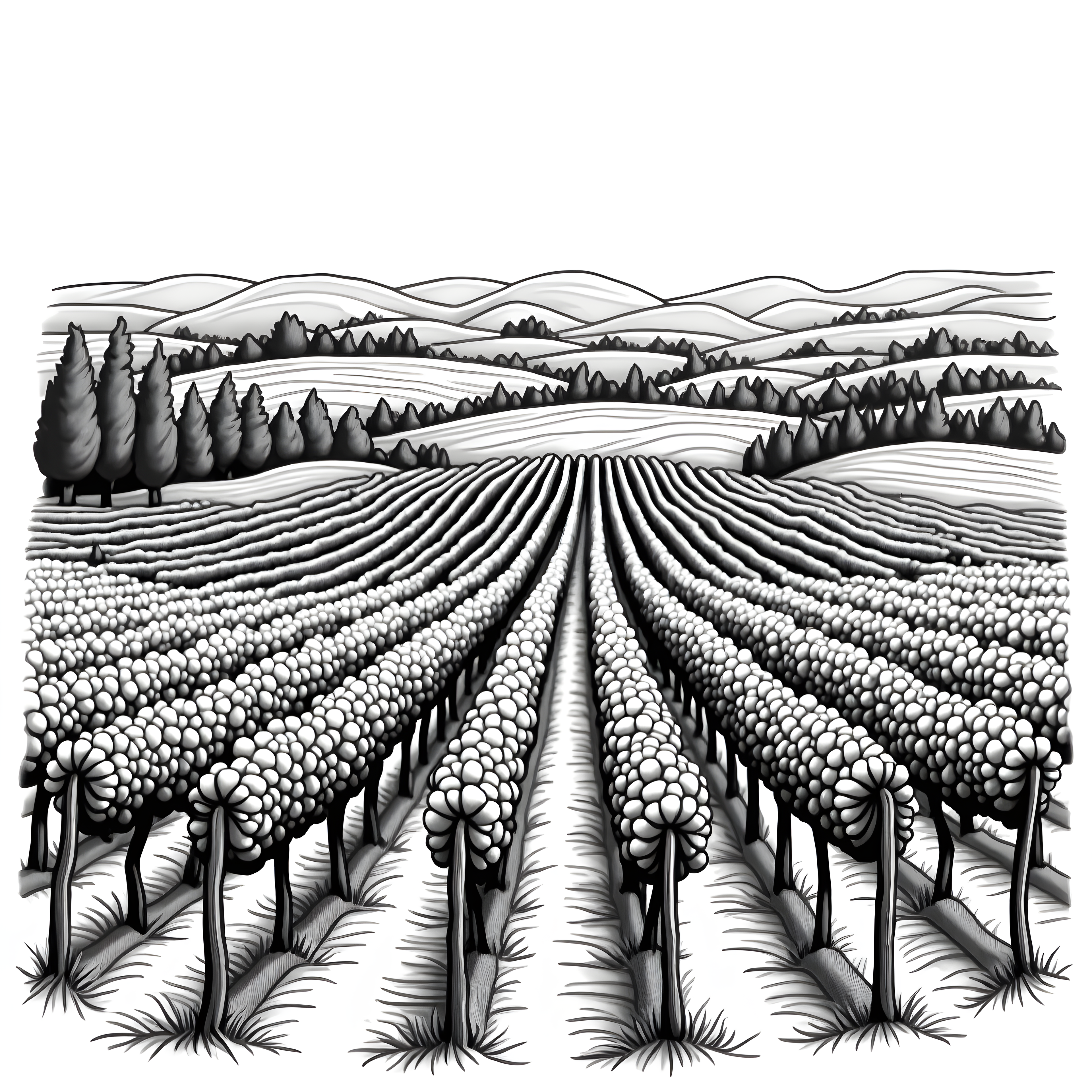 Blooming Field Line Art - Agricultural Landscape Wall Art