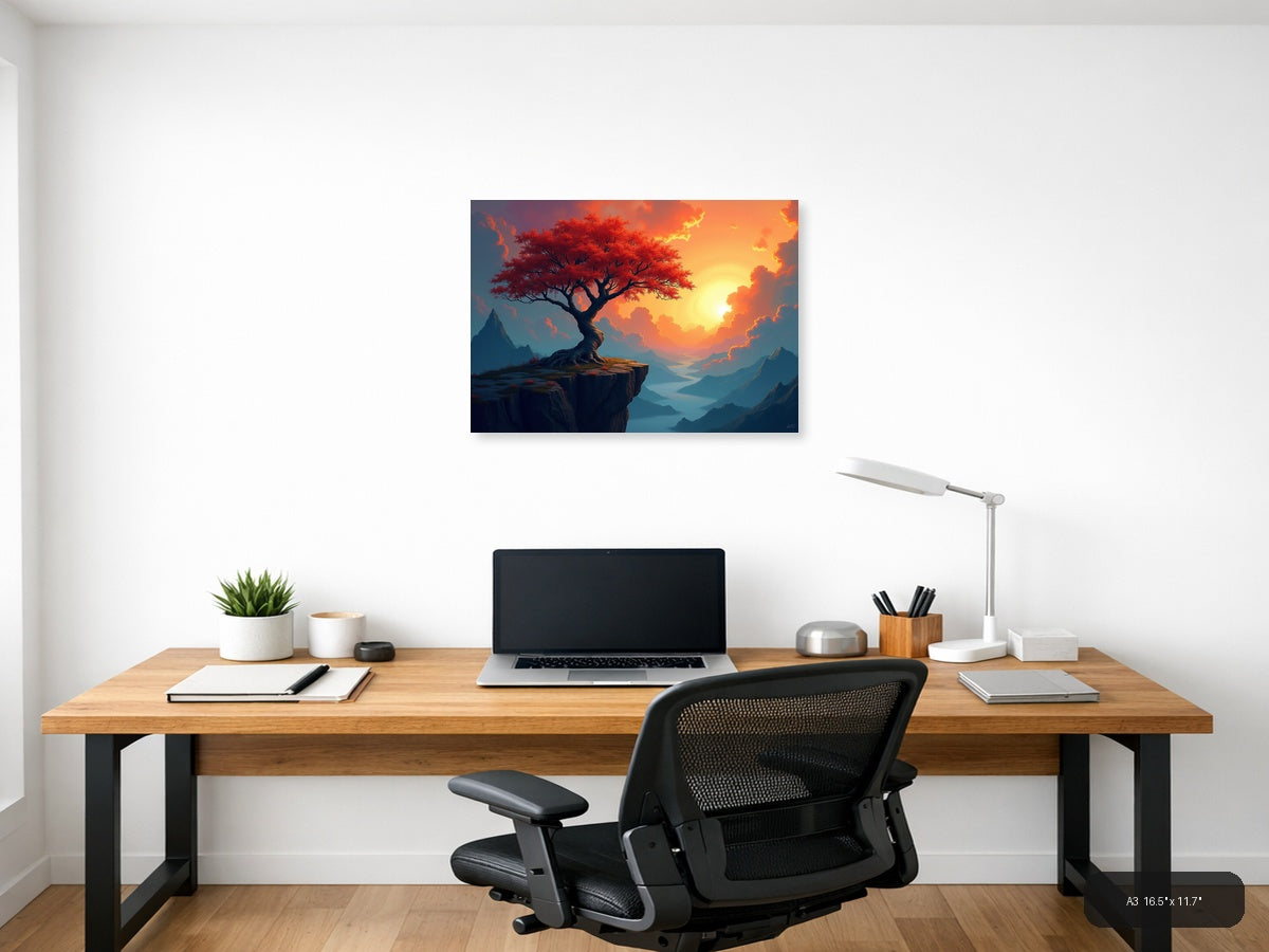 Crimson Tree Sunset Mountain Landscape Abstract Wall Art — A3 / Office