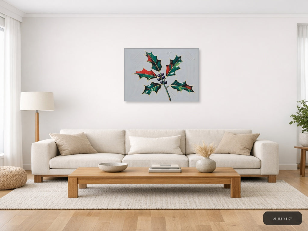 Holly Berries Christmas Botanical Illustration Wall Art — A3 / Living Room