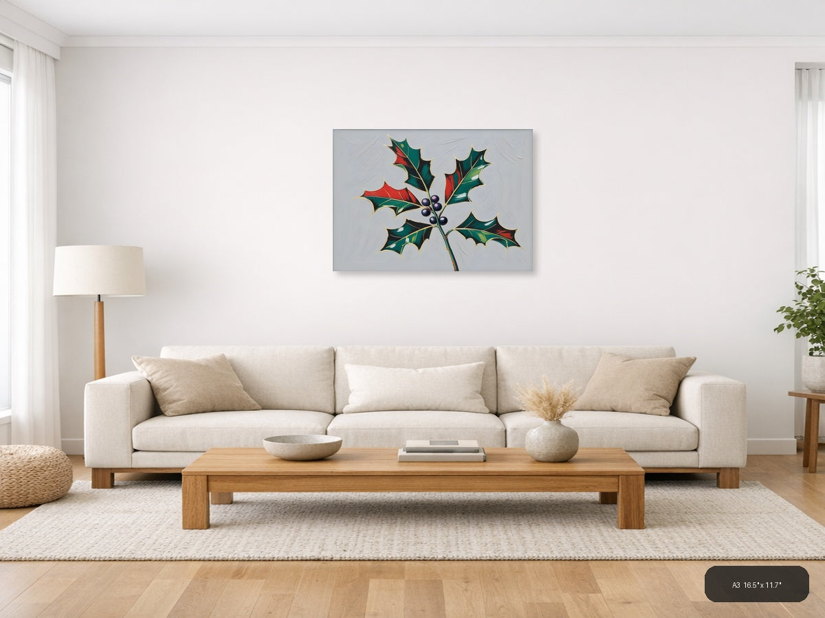 Holly Berries Christmas Botanical Illustration Wall Art — A3 / Living Room