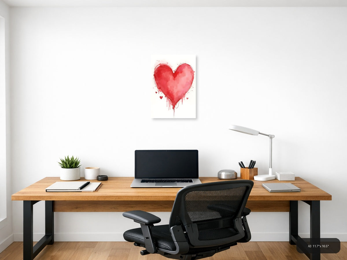 Red Watercolor Heart with Dripping Paint Wall Art — A3 / Office
