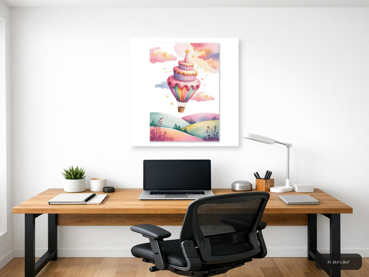 Hot Air Balloon Cake Cloud Watercolor Wall Art — A1 / Office