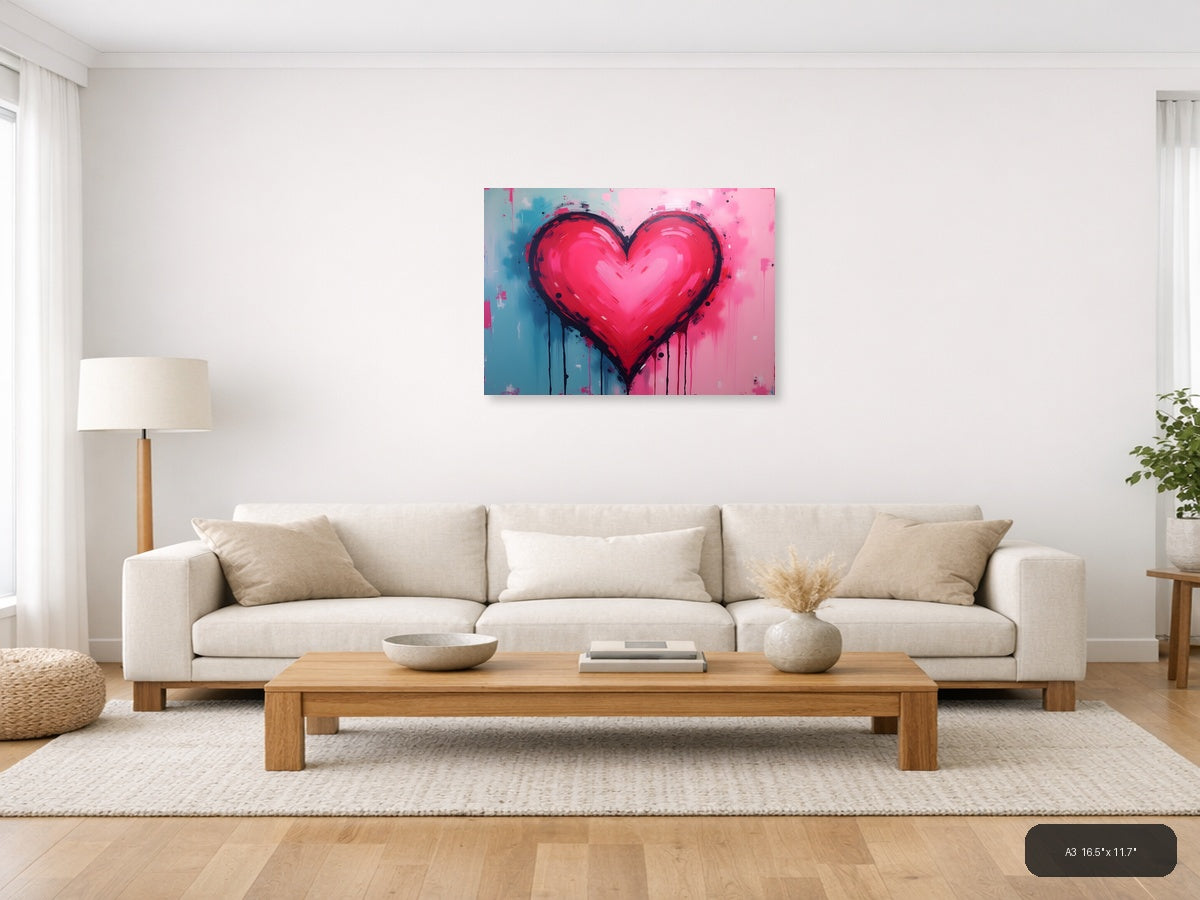 Bold Pink Heart Abstract Drip Modern Wall Art — A3 / Living Room