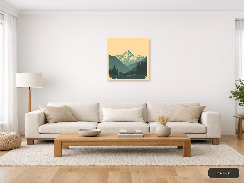 Vintage Mountain Valley with Snow Peak Wall Art — A3 / Living Room