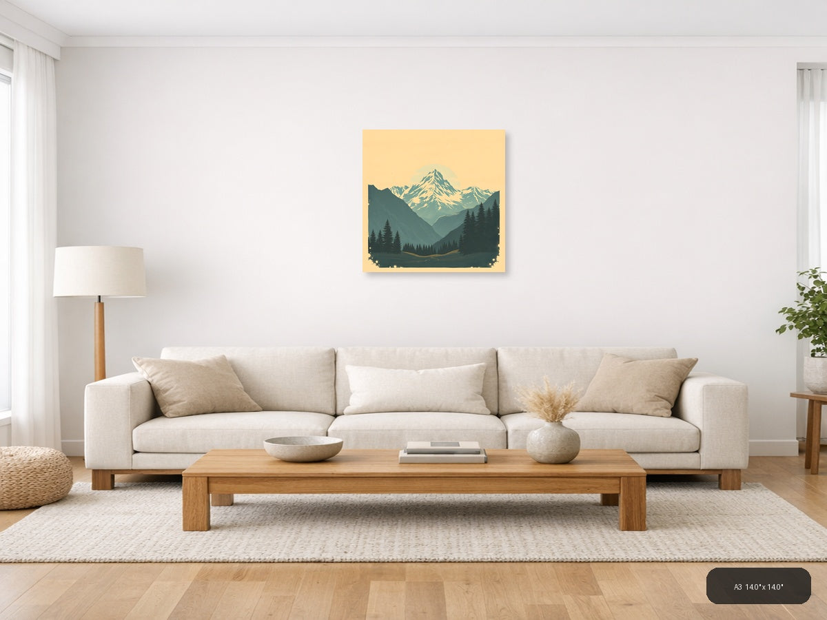 Vintage Mountain Valley with Snow Peak Wall Art — A3 / Living Room