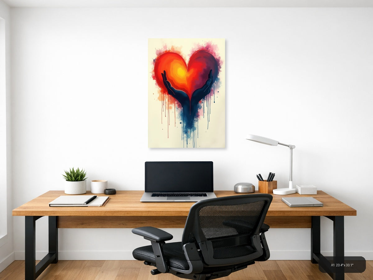 Hands Holding Glowing Heart Abstract Watercolor Wall Art — A1 / Office