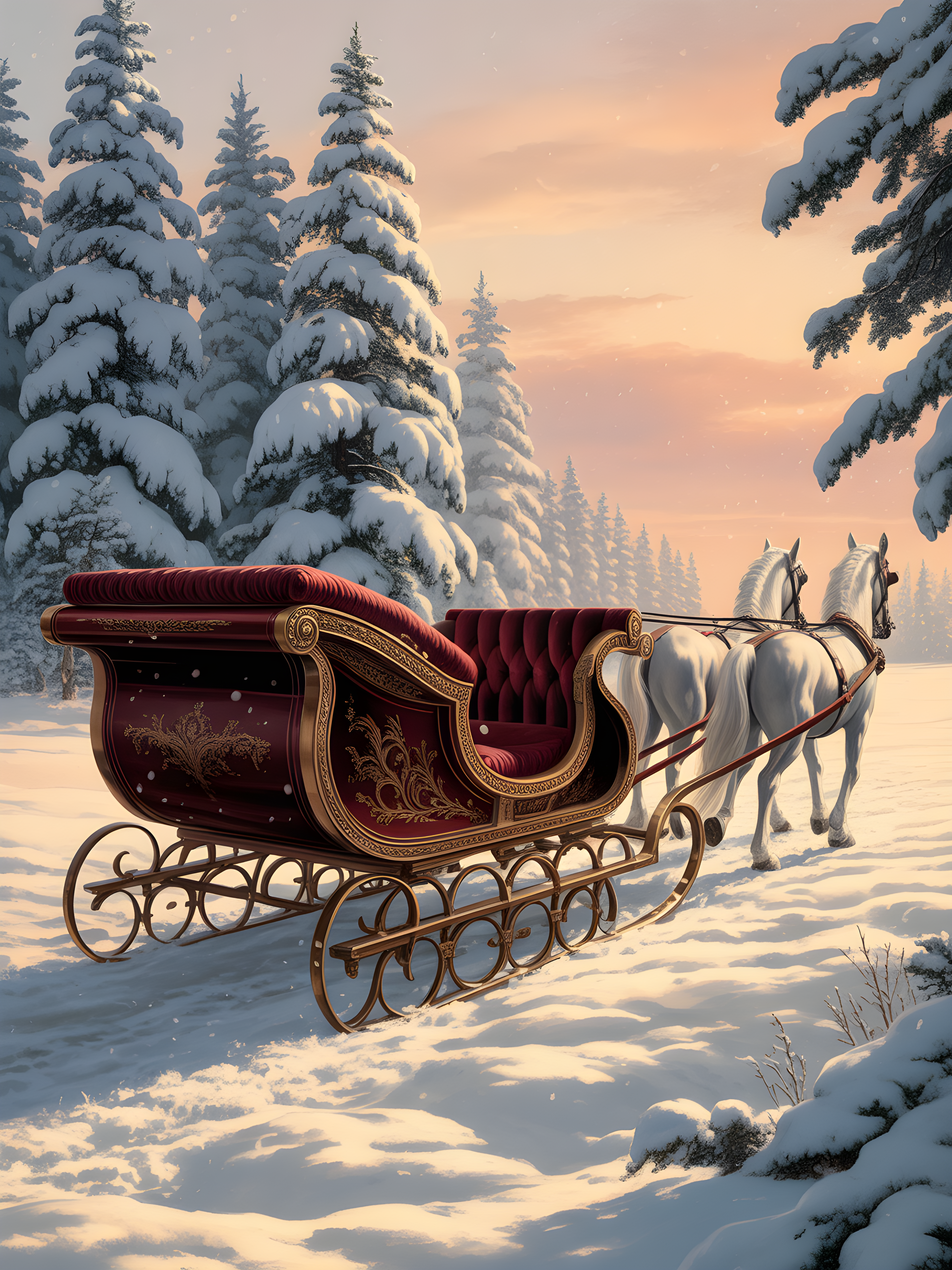 Vintage Winter Sleigh with White Horses Sunset Wall Art