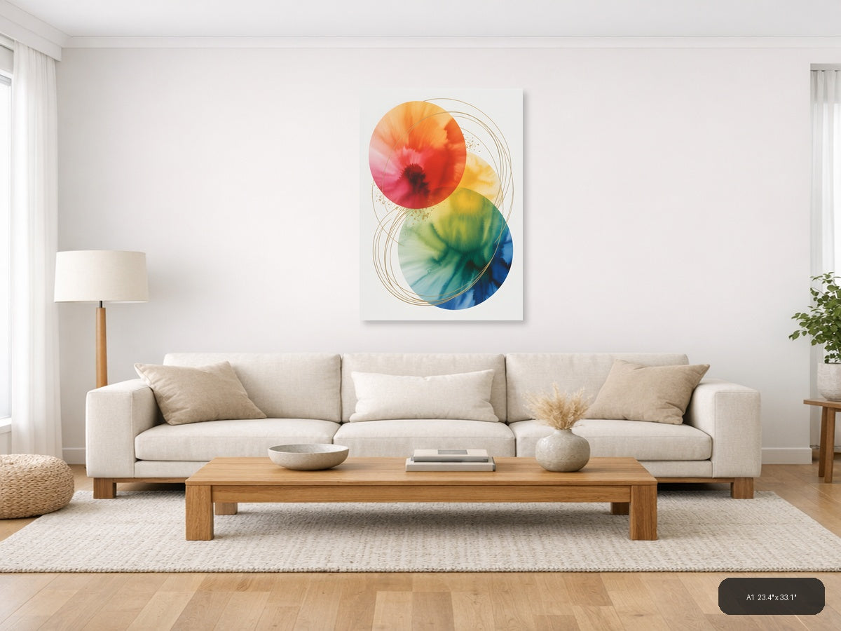Rainbow Watercolor Circles with Gold Lines Wall Art — A1 / Living Room