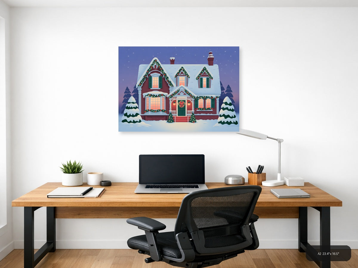 Vintage Christmas House Snow Scene Landscape Wall Art — A2 / Office