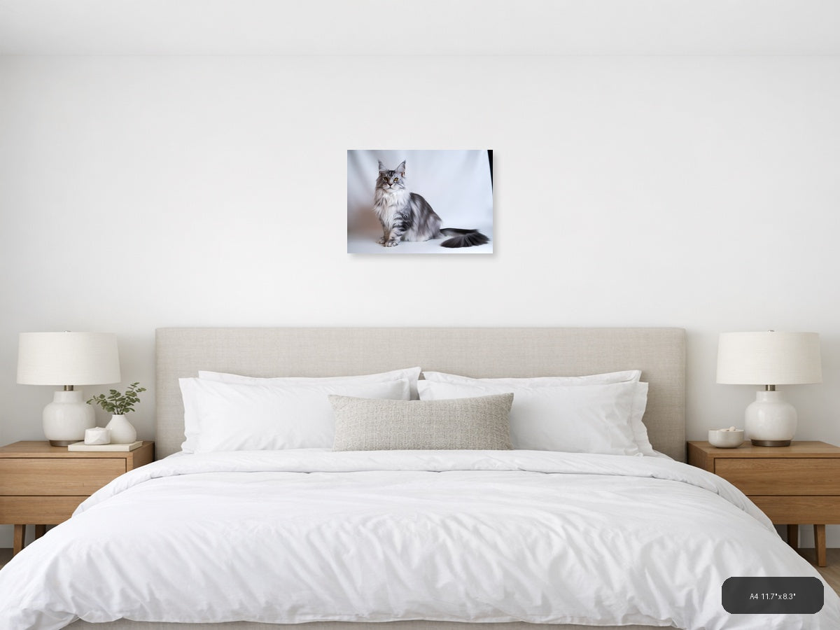 Gray Tabby Cat Portrait Minimalist Wall Art — A4 / Bedroom