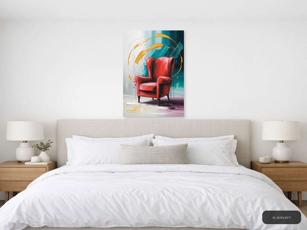 Red Chair Abstract Motion Teal Orange Wall Art — A1 / Bedroom