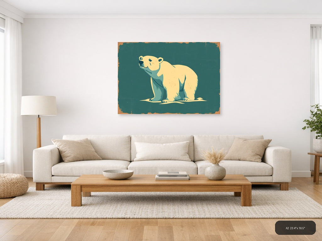 Vintage Polar Bear Illustration Teal Wall Art — A2 / Living Room