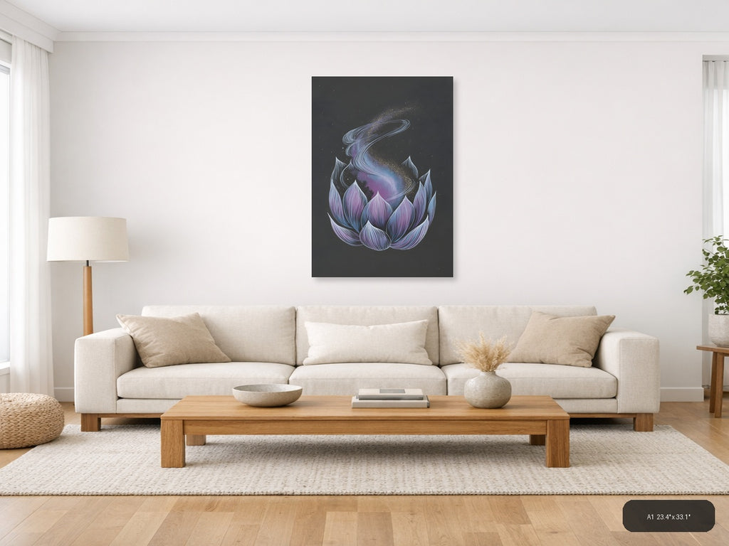 Cosmic Lotus Flower Line Art Galaxy Wall Art — A1 / Living Room