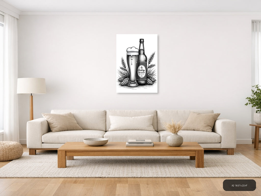 Craft Brewery Beer & Hops Line Art Wall Art — A2 / Living Room
