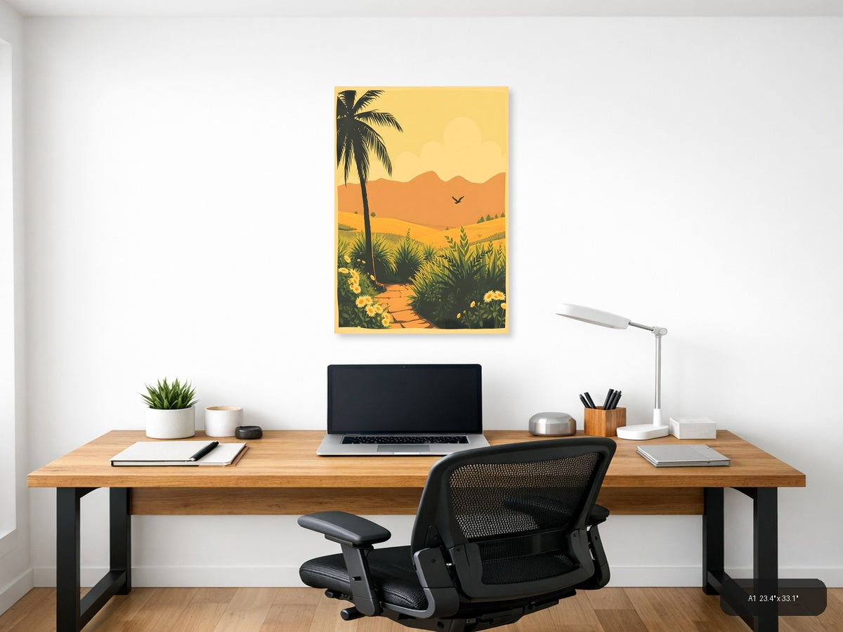Vintage Desert Landscape with Palm Tree Wall Art — A1 / Office