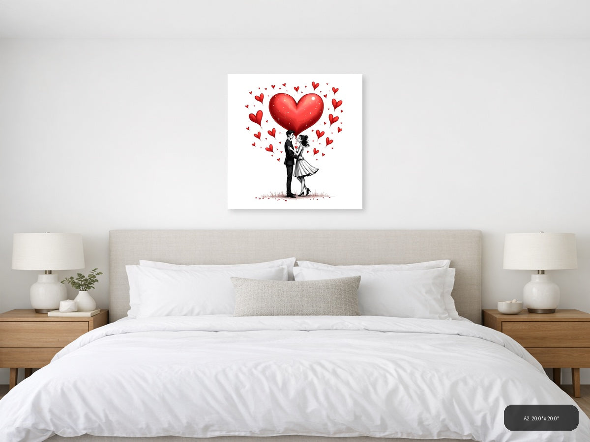 Couple in Love Line Art with Red Hearts Wall Art — A2 / Bedroom