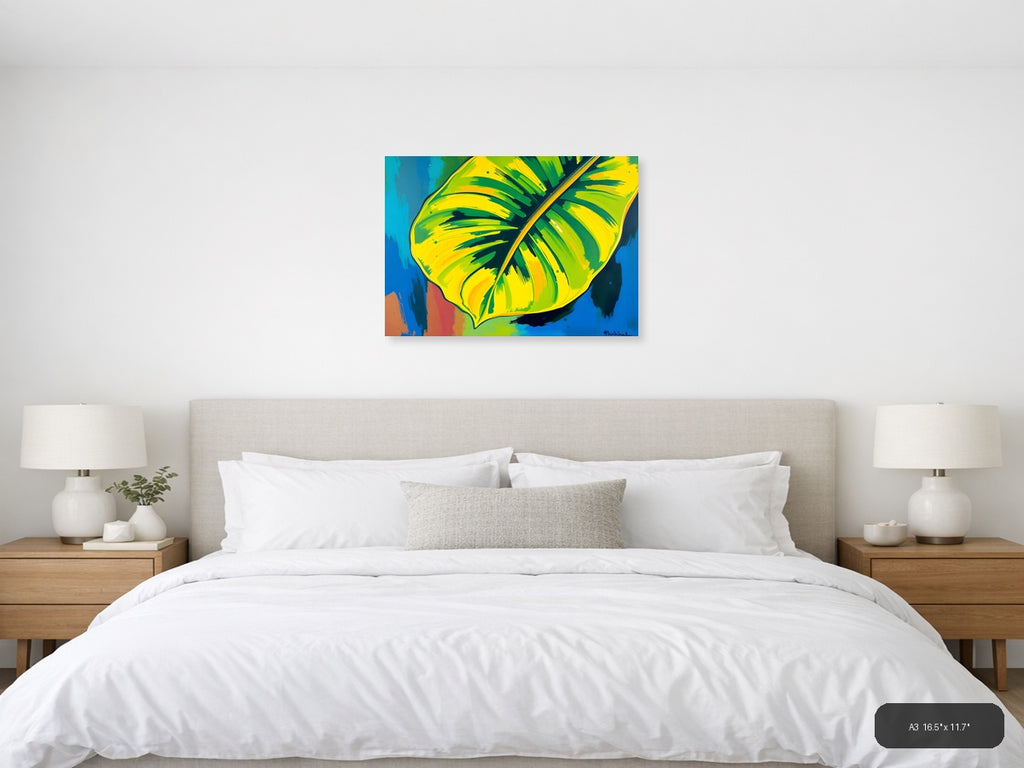 Abstract Tropical Banana Leaves Yellow Green Wall Art — A3 / Bedroom