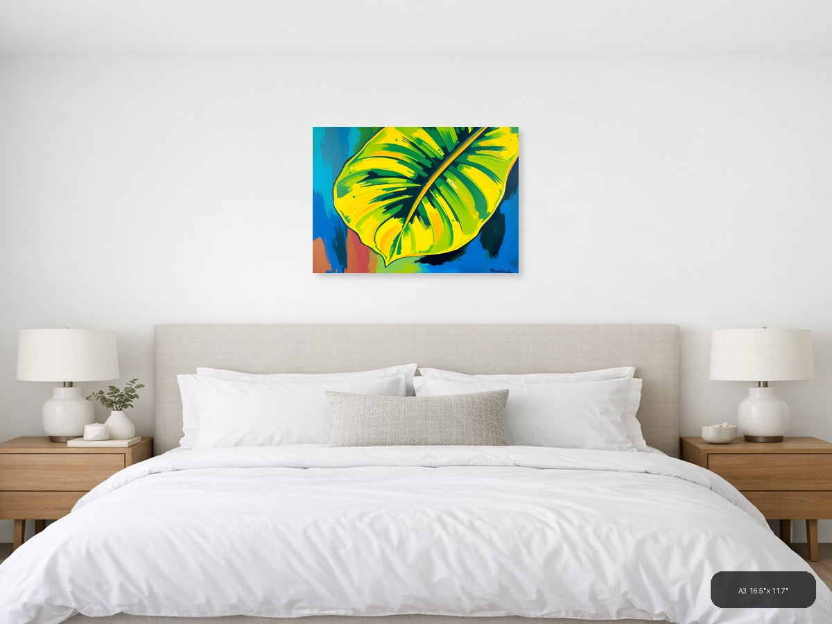 Abstract Tropical Banana Leaves Yellow Green Wall Art — A3 / Bedroom