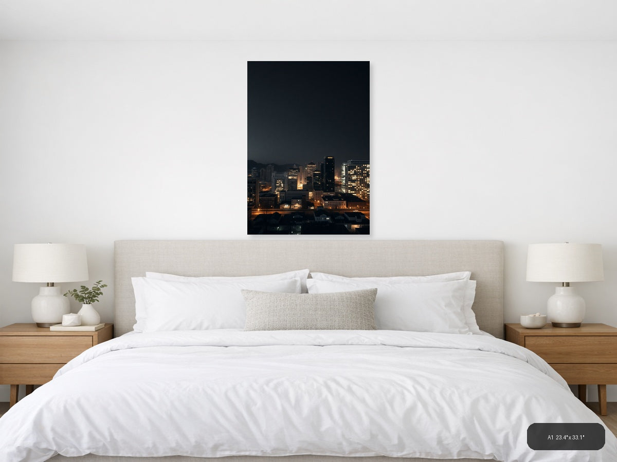 Urban Skyline at Dusk with Golden City Lights | Minimalist Wall Art — A1 (Bedroom)