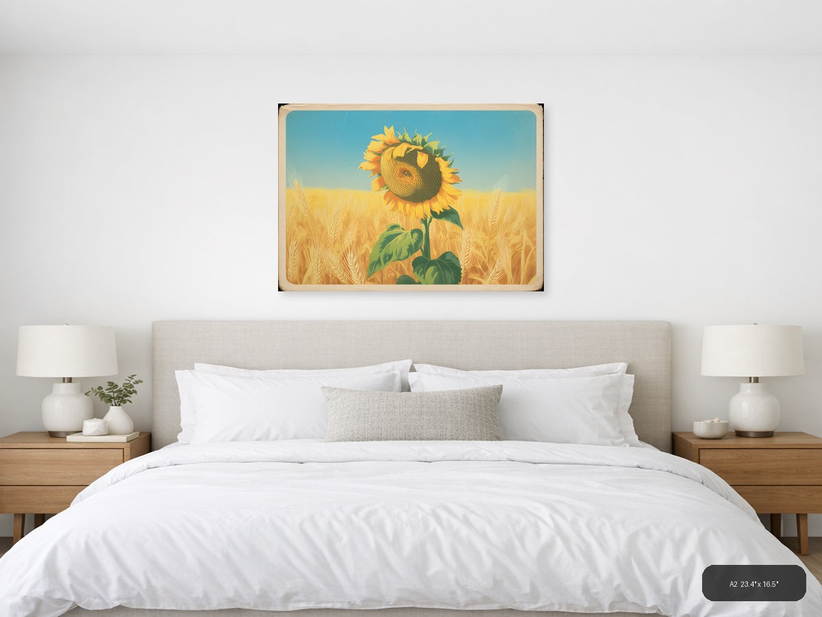 Vintage Sunflower in Wheat Field Landscape Wall Art — A2 / Bedroom