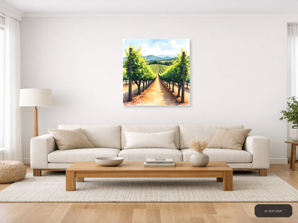 Vineyard Rows Watercolor Landscape Wall Art — A2 / Living Room