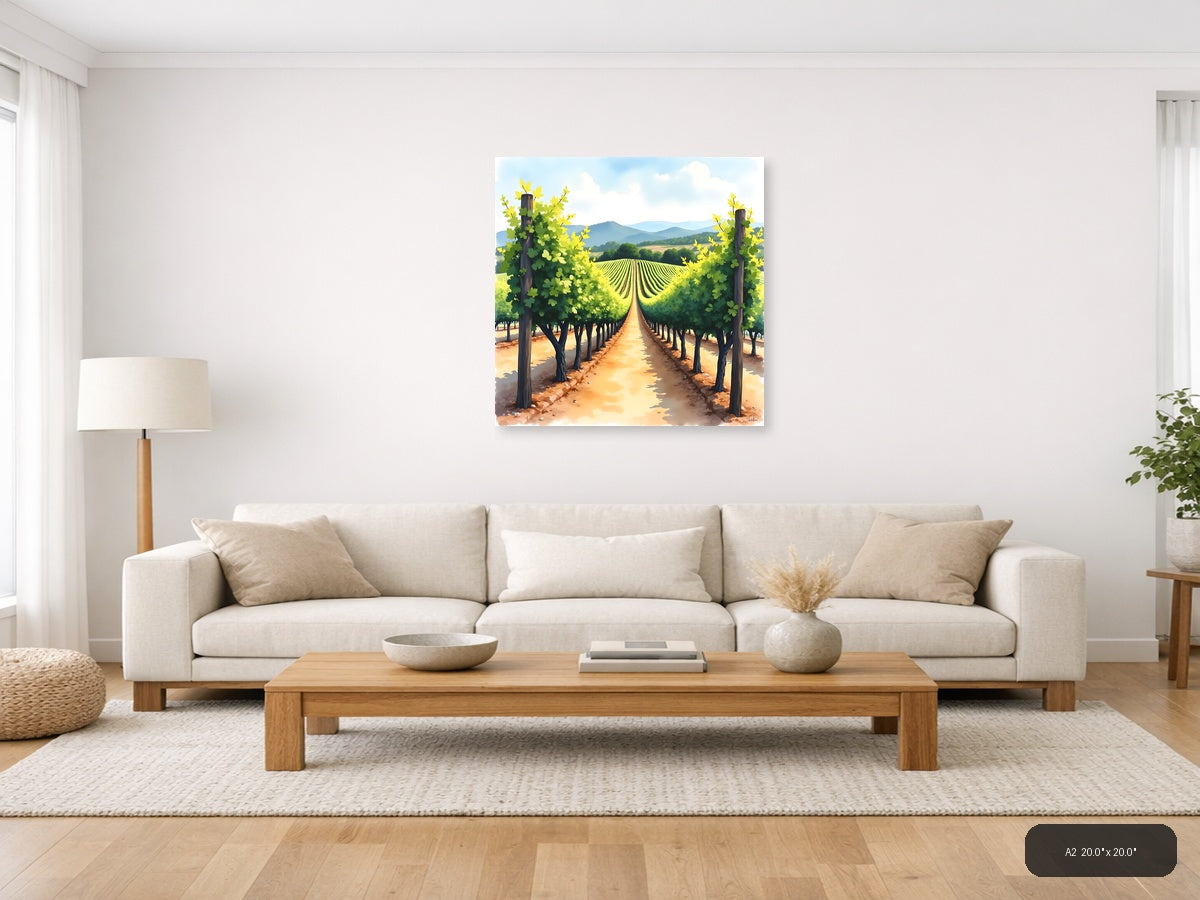 Vineyard Rows Watercolor Landscape Wall Art — A2 / Living Room