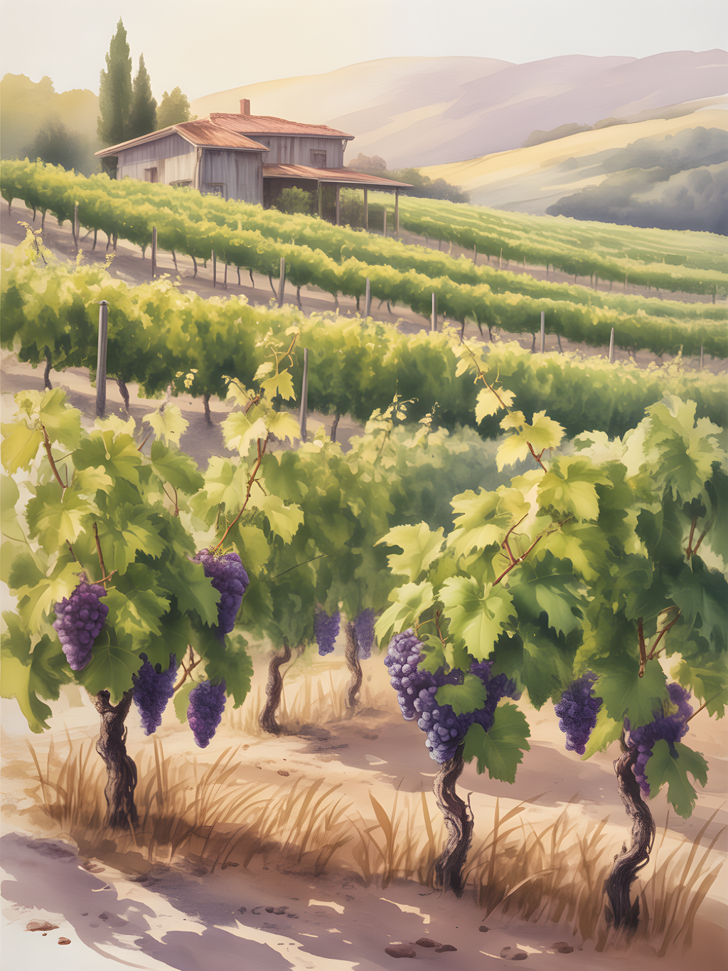 Tuscan Vineyard Villa Watercolor Wall Art