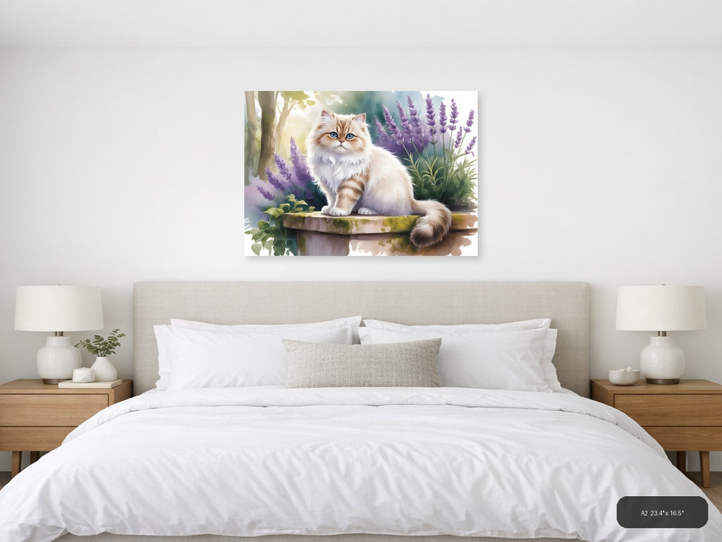 Fluffy Cat with Blue Eyes in Lavender Garden Watercolor Wall Art — A2 / Bedroom