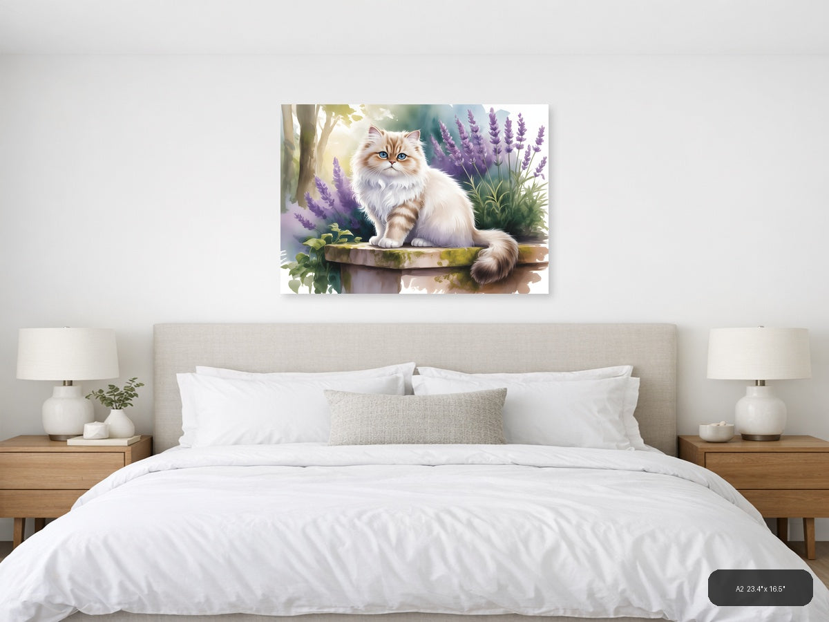 Fluffy Cat with Blue Eyes in Lavender Garden Watercolor Wall Art — A2 / Bedroom