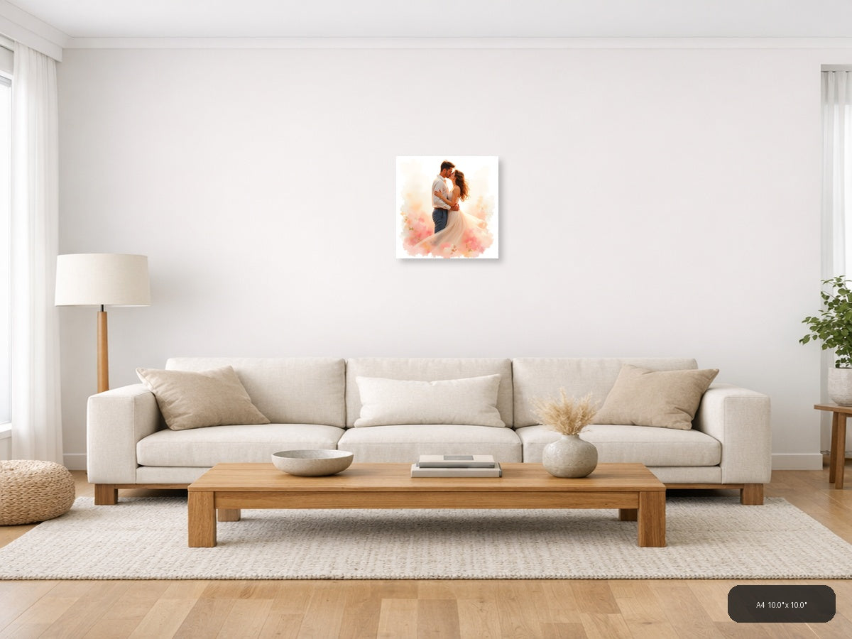 Romantic Couple Kissing Watercolor Wall Art — A4 / Living Room