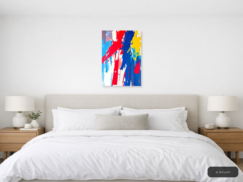 Bold Red Blue Yellow Abstract Brushstroke Wall Art — A2 / Bedroom