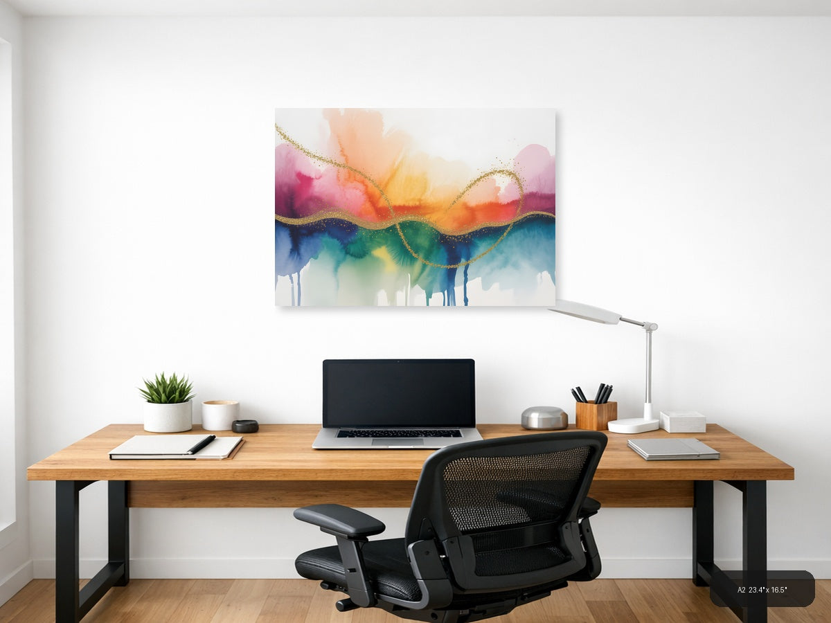 Rainbow Watercolor Landscape with Gold Wave Lines Wall Art — A2 / Office