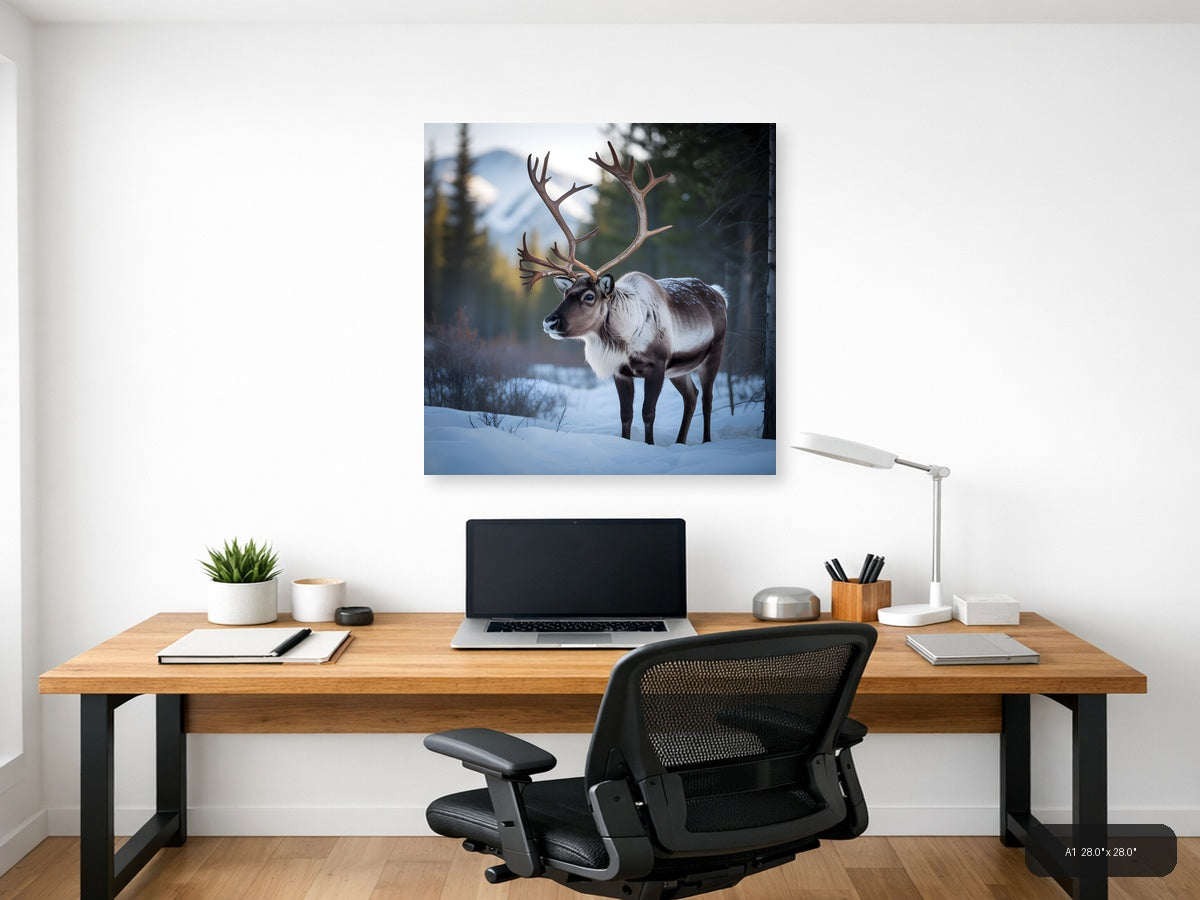 Majestic Reindeer in Snow Winter Forest Photography Wall Art — A1 / Office