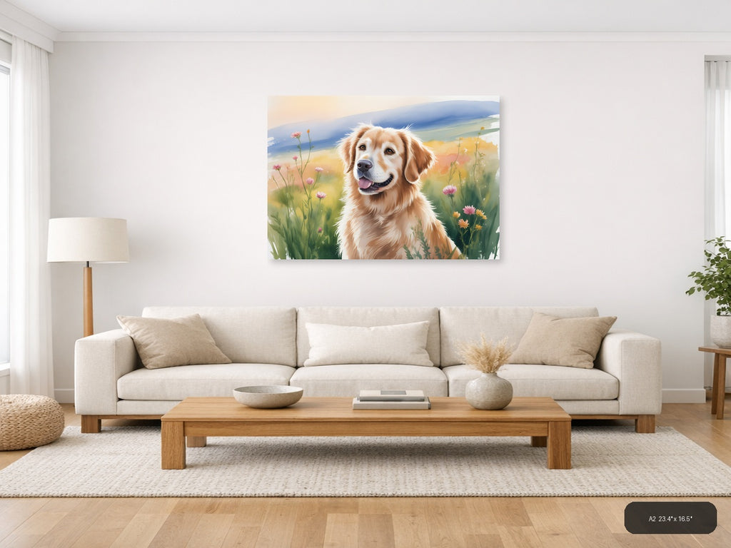 Golden Retriever in Wildflower Meadow Watercolor Wall Art — A2 / Living Room