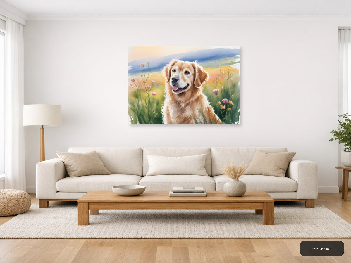 Golden Retriever in Wildflower Meadow Watercolor Wall Art — A2 / Living Room