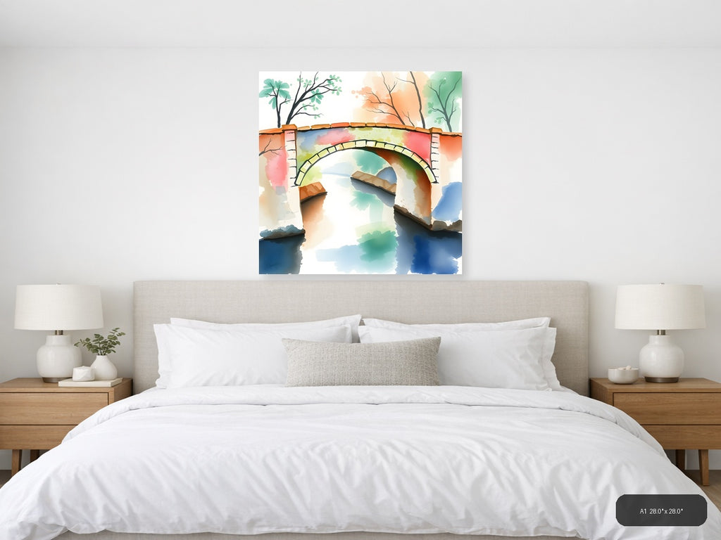 Stone Bridge Over Colorful Water Watercolor Wall Art — A1 / Bedroom