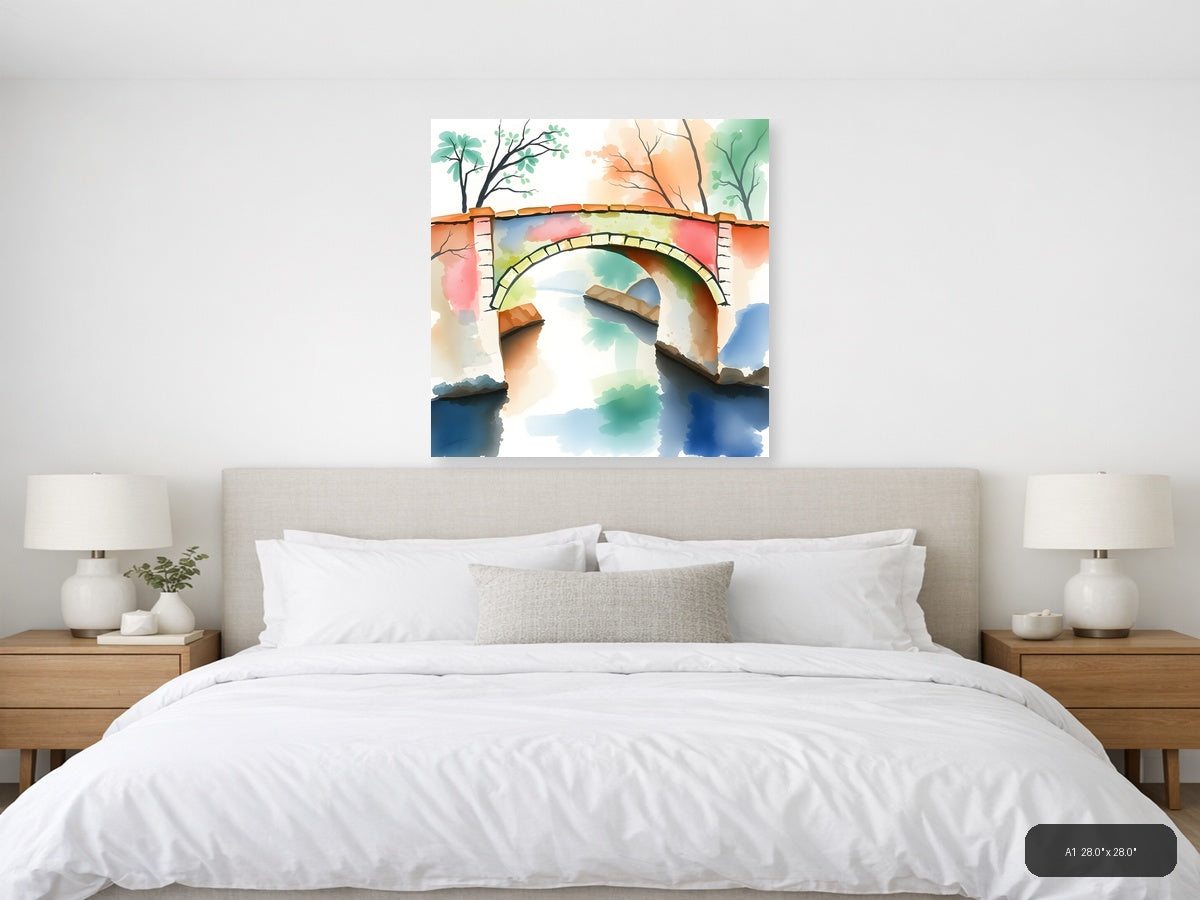 Stone Bridge Over Colorful Water Watercolor Wall Art — A1 / Bedroom
