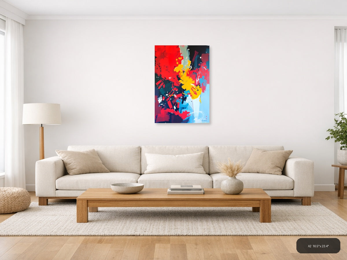 Bold Abstract Explosion Red Yellow Blue Wall Art — A2 / Living Room