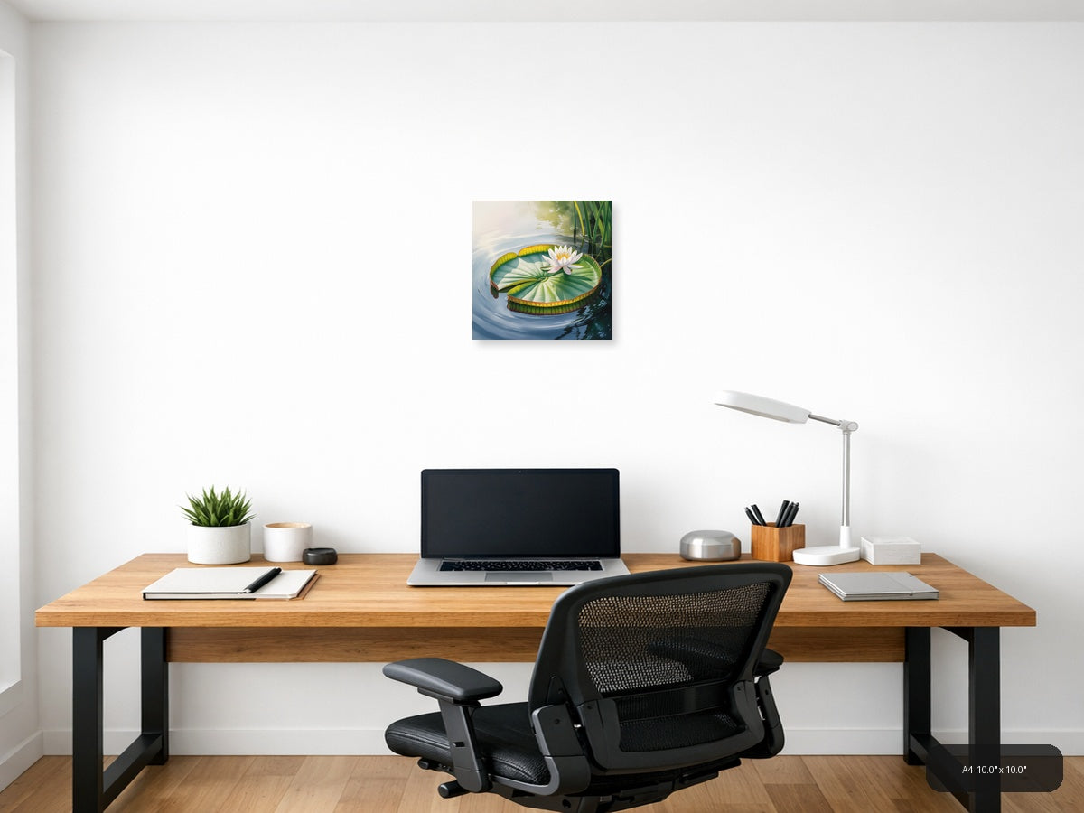 White Water Lily on Giant Leaf Watercolor Wall Art — A4 / Office