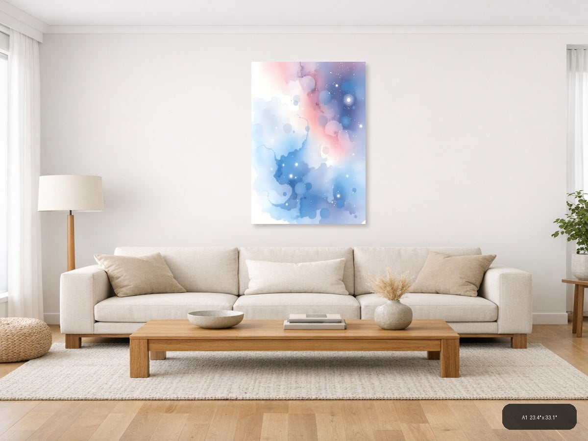 Abstract Watercolor Blue Pink Bokeh Particles Wall Art — A1 / Living Room