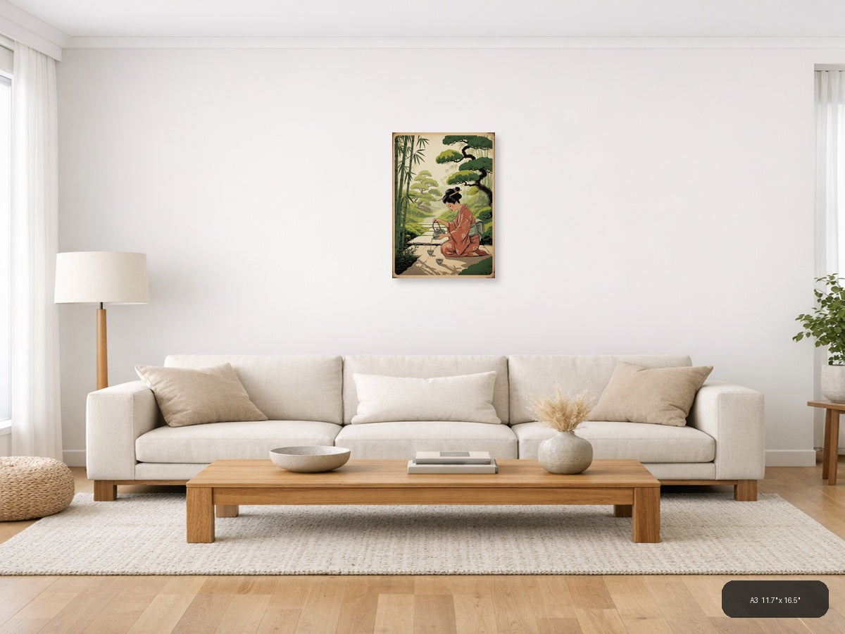 Vintage Asian Woman Pouring Tea in Garden Wall Art — A3 / Living Room