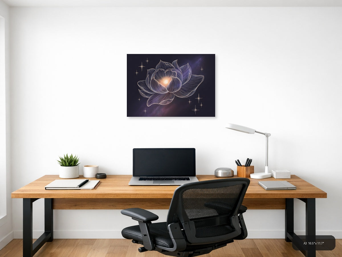 Glowing Lotus Flower Line Art With Stars Wall Art — A3 / Office