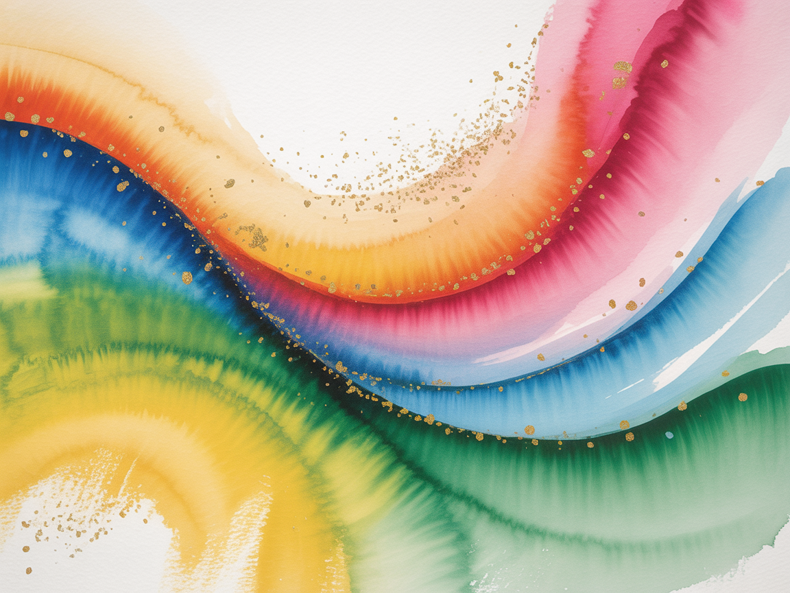 Rainbow Watercolor Flow Gold Splatter Wall Art